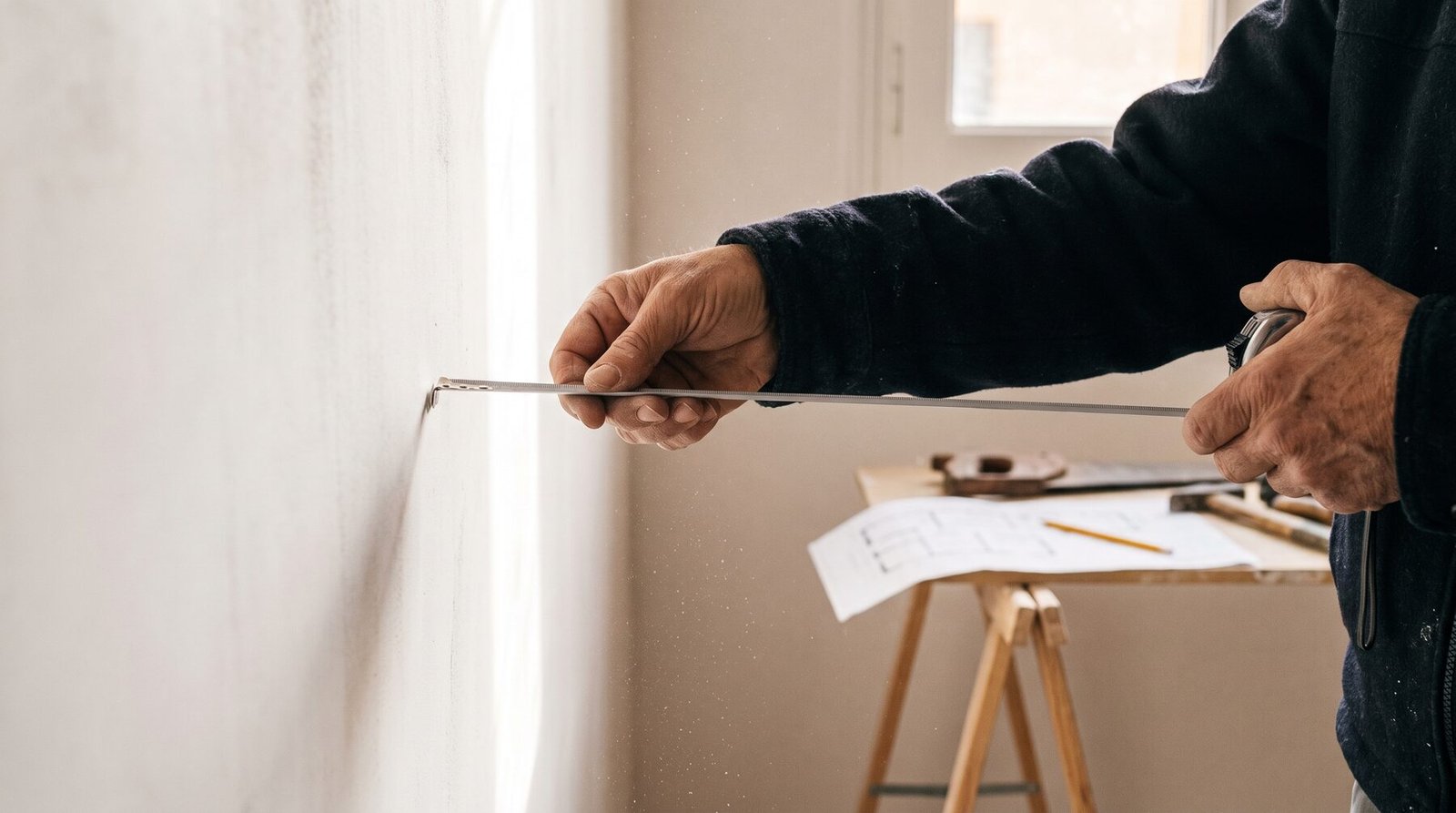 Manos midiendo una pared recién enlucida
